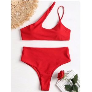 Zaful Red Asymmetric Cut-Out Cheeky Bikini